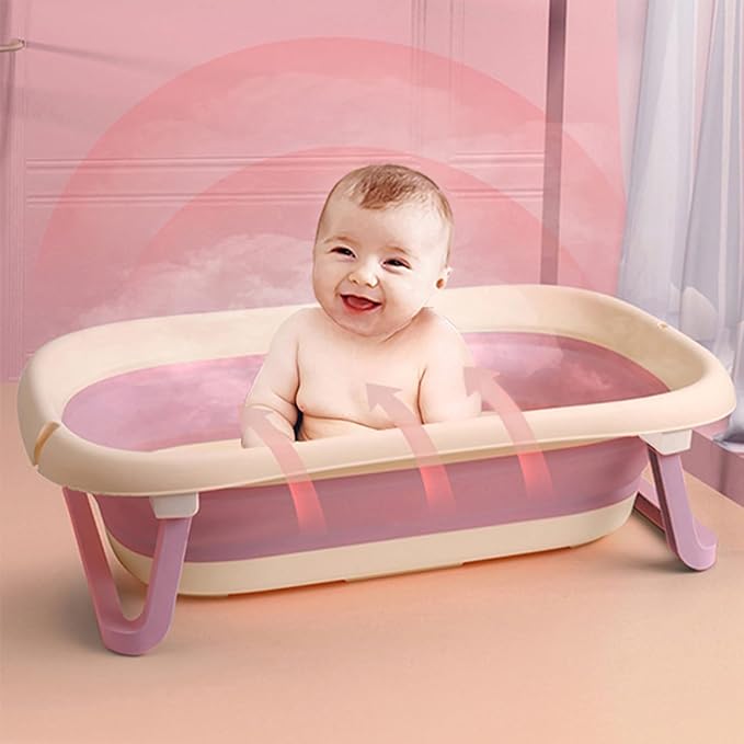 Collapsible Baby Bathtub with Bath Pad Large Baby Bathtub Portable Bathtub with Drain Hole Folding Bathtub with Water Temperature Sensing