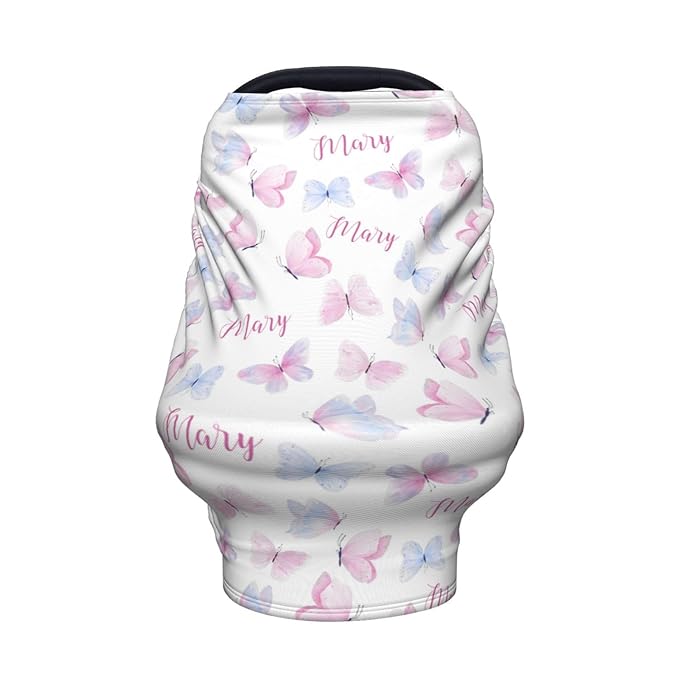 Personalized Baby Car Seat Cover for Girls, Custom Butterfly Nursing Covers for Breastfeeding with Name, Infant Stroller Cover, Baby Carseat Canopy for Newborn, Multiuse Car Seat Canopies