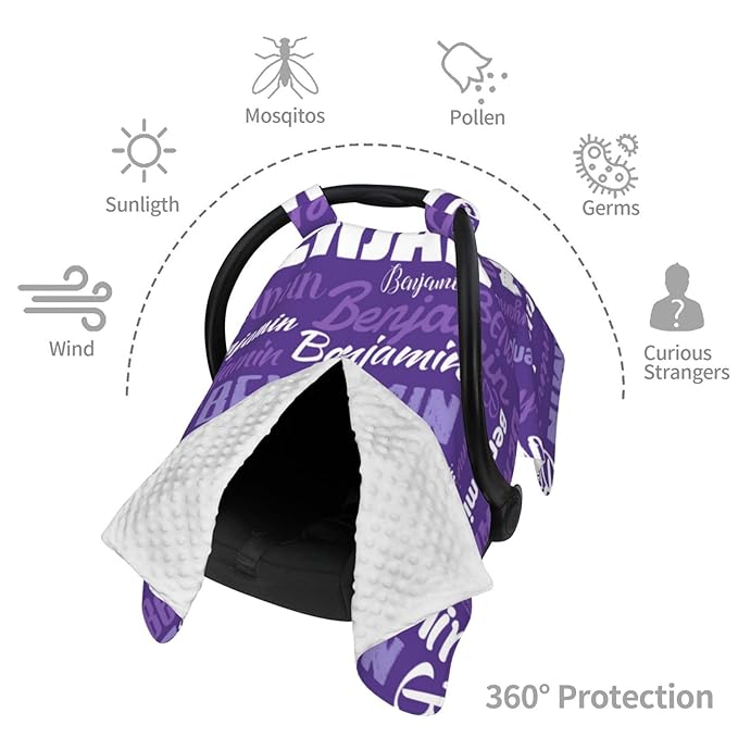 Personalized Baby Car Seat Canopy for Babies, Custom Name Baby Car Seats Covers for Girls Boys, Opening Minky Nursing Breastfeeding Cover for Infant, Carseat Canopies for Newborn (Purple)