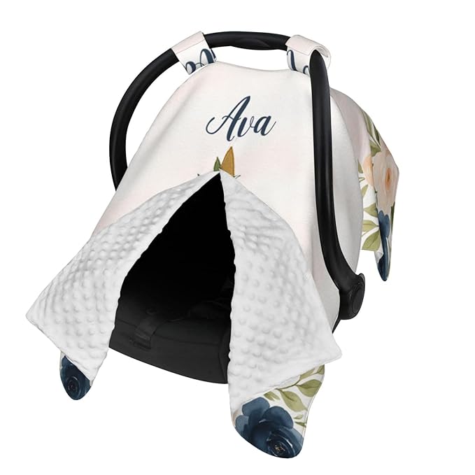 Personalized Baby Car Seat Canopy for Babies, Custom Name Car Seat Covers for Baby Girls,Rose Navy Pink Opening Minky Nursing Breastfeeding Cover for Infant, Carseat Canopies for Newborn