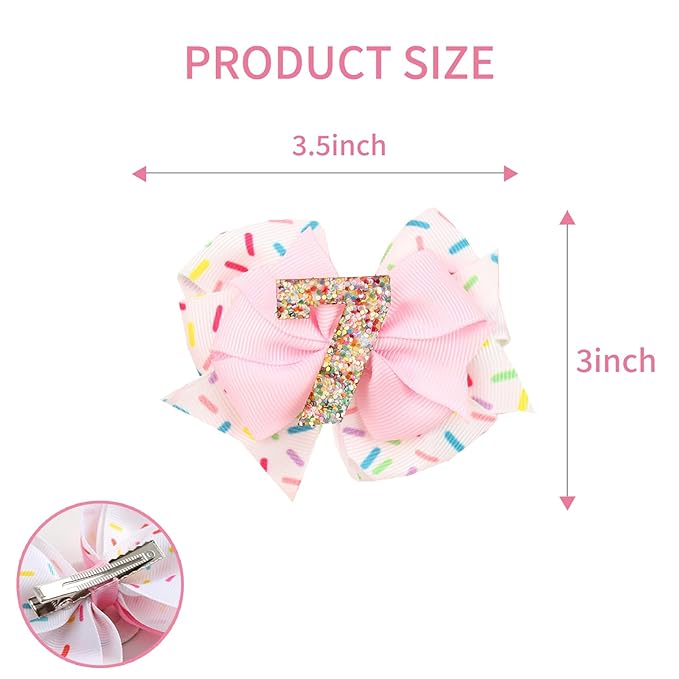 Birthday Hair Bow for Baby Girls - 2Pcs Pink Sprinkle Hair Clips for 7th Birthday Glitter Ice Cream Baby Bow Party Decorations for Girls Toddlers Hair Accessories (Pink-7 Years-Clips)