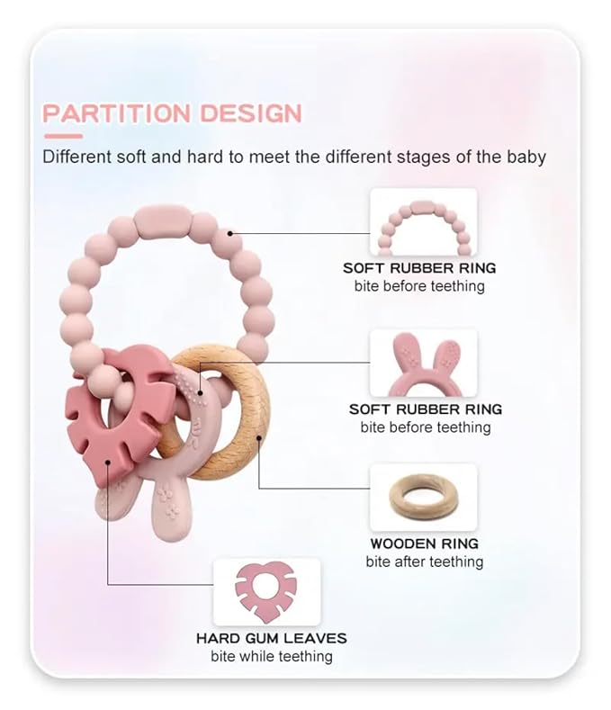 | Bohemian Teether | Baby Teether | Sensory Exploration and Teething Relief | 100% Food-Grade Silicone Teether Toy | BPA Free | Chewbeads | Silicone with Beechwood Ring | (Pink)