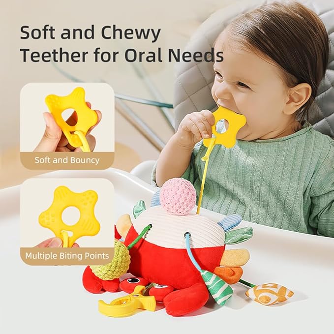 Crab Car Seat & Stroller Toy for Babies 0-12 Months, Sensory Hanging Toy with Rattle, Mirror, Squeaker, BPA-Free Pull Strings, Fine Motor Skills Baby for Newborn Infant Boy Girl