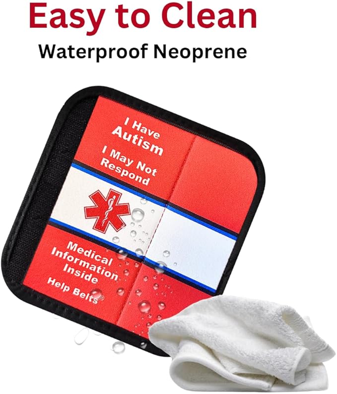 Autism/May Not Respond Awareness Medical Alert Seatbelt Cover for Kids and Adults with Emergency Information Form and Pocket by Help Belts (Red, 6 Inch Car Seat)