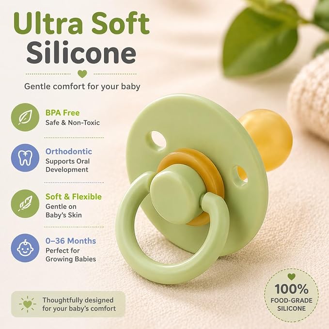 RABENS Silicone Pacifiers 2 Pack Happy & Sleepy Design BPA Free Natural Rubber Nipple Emotional Support for Babies 0–36 Months