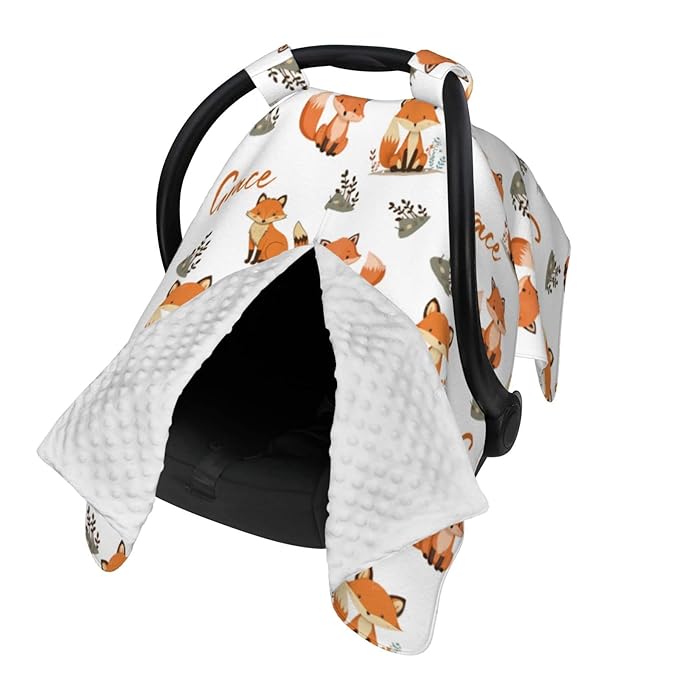 Personalized Baby Car Seat Covers for Babies with Name, Customized CarSeat Cover Stroller Canopy for Girls Boys, Custom Cute Fox Nursing Cover Breastfeeding Scarf for Infant Newborn New Mom
