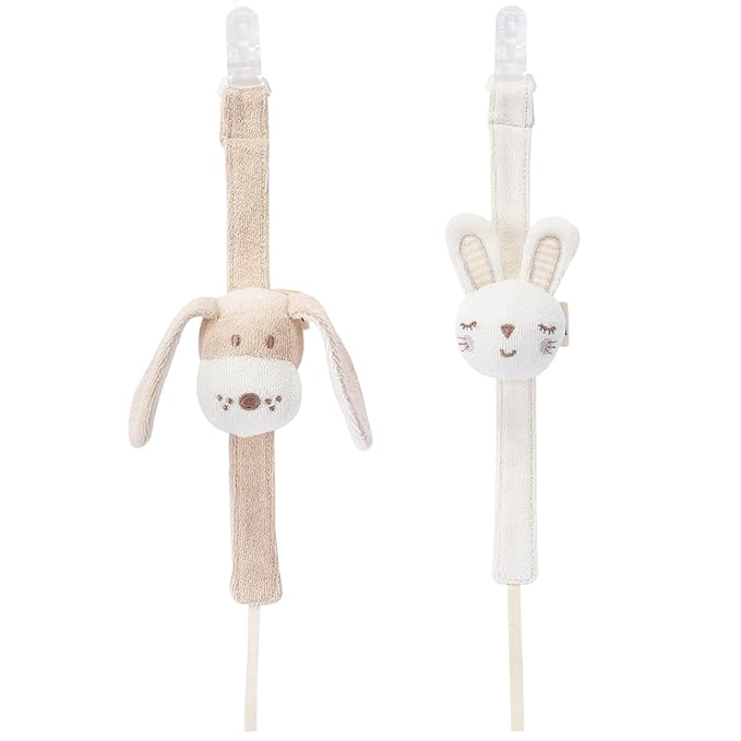 Pacifier Clip, 2 Pack Baby Pacifier Holder for Boys and Girls Fits Many Pacifiers & Baby Teething Toys, Ideal Baby Gift (Puppy & Bunny)