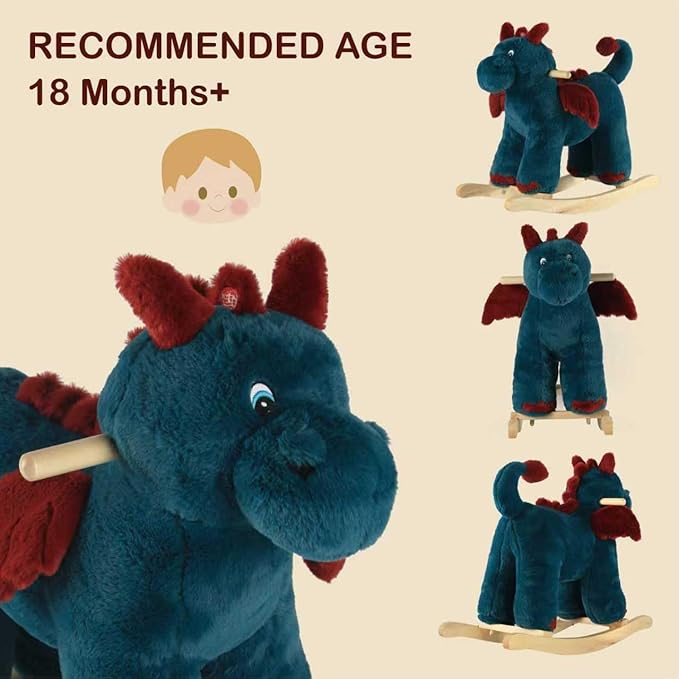 Rocking Horse Dragon, Baby Animal Rocker, Plush Rocking Horse with Sweet Music, Ride on Horse,Wooden Rocking Horse for Toddlers 18+ Months, (Blue Dragon), CPC Certified