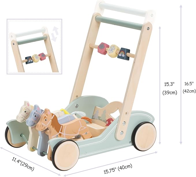 Giant bean Wooden Baby Push Walker for Boys Girls Ages 1-3, Galloping Ponies Push and Pull Activity Walker Adjustable Speed, Baby Push Walker Christmas Gift for Toddler Kids Motor Skills & Creativity