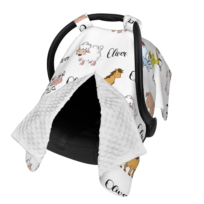 Personalized Baby Car Seat Canopy for Babies with Name, Custom Car Seat Covers for Boys Girls, Infant Opening Minky Nursing Breastfeeding Stroller Cover Carseat Canopies for Newborn (Farm Animals)