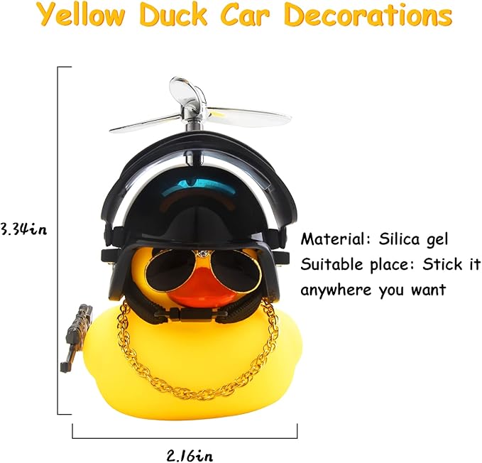 wonuu Rubber Duck Car Ornaments Cool Yellow Duck Car Dashboard Decorations Squeaky Glasses Duck with Propeller Helmet for Car ccessories Dashboard (Full_Black-Yellow G)