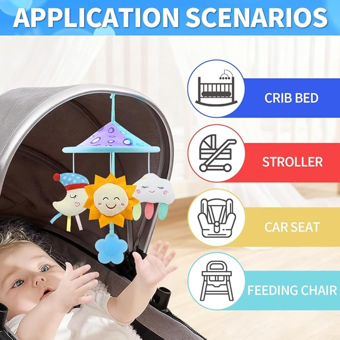 Baby pram Mobile Toys, Stroller Toys with Soft Rattle for 0 Months+ (Sky)
