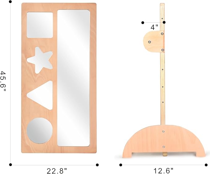 Baby Early Learning Shatter-Resistant Safety Mirrors w/Pull Up Bar, Infants Exploration Set, Toddlers Montessori Classroom Furniture for Daycare, Preschool and Nursery (Natural, Standard)