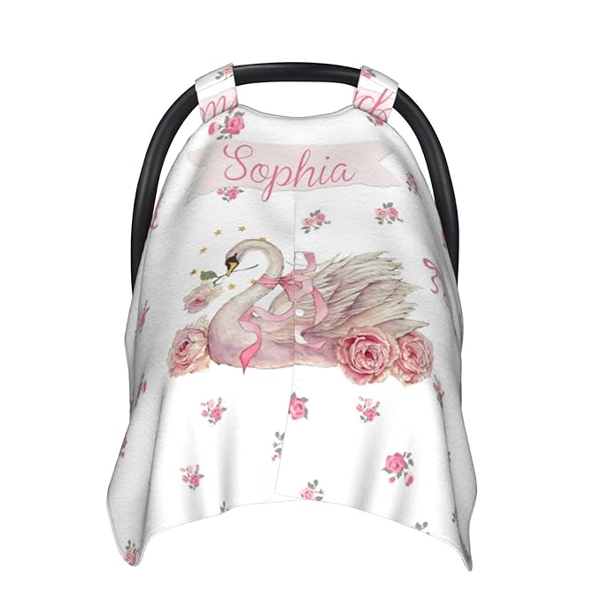 Custom Baby Car Seat Canopy with Name, Personalized Stroller Baby Car Seat Covers for Girls, Minky Nursing Carseat Cover for Breastfeeding, Car Seat Canopies for Infant Newborn(Floral Swan)