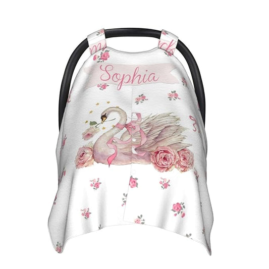 Custom Baby Car Seat Canopy with Name, Personalized Stroller Baby Car Seat Covers for Girls, Minky Nursing Carseat Cover for Breastfeeding, Car Seat Canopies for Infant Newborn(Floral Swan)