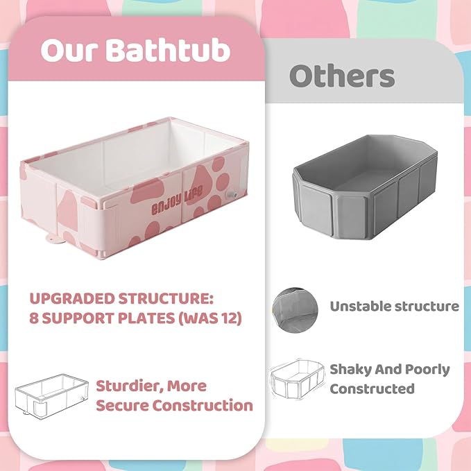 Collapsible Baby Bathtub for Newborn to Toddler, Foldable Toddler Bathtub with Drain Plug, Non-Slip Portable Infant Bath Tub for Travel Storage Outdoor Use, Milk Beige Pink