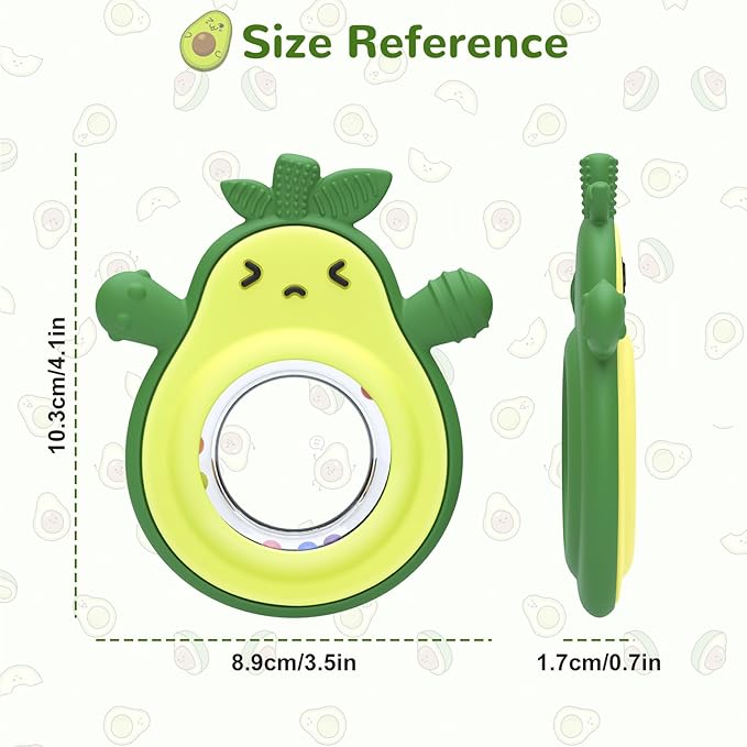 MISSLILI Teething Toy for Babies, Silicone Avocado Shape with Rattle Teether for Infants 0-3-6-12 Months, Sensory Chew Toys Teething Relief for Boys and Girls, BPA Free