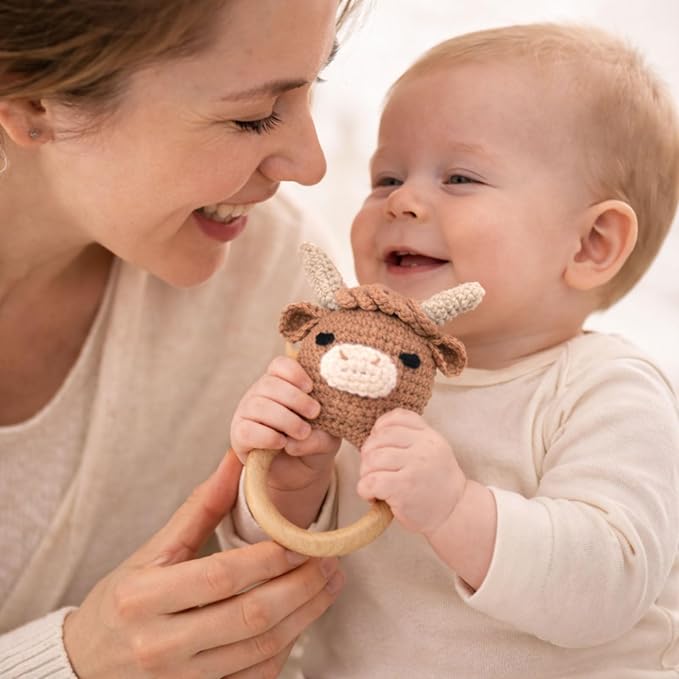 Wooden Baby Rattle for Boys and Girls, Crochet Stuffed Animal for Newborn, 3 4 5 6 Month Toys, Highland Cow