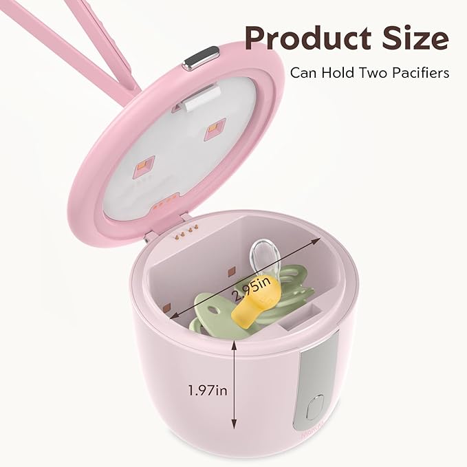 MomMed Portable Pacifier Sanitizer with Smart Display, Dual 60/180s Disinfection Modes, Auto Shut-Off, UV Pacifier Holder Case for Baby Pacifiers, Teethers, Bottle Nipples and More(Pink)