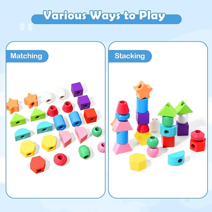 Montessori Bead Sequencing Set for Kids, Wooden Lacing Beads Toys for Toddlers, Matching Color Shape Stacker for 2 3 4 5 Years Old, Preschool Learning Educational Toys Gifts