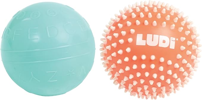 Ludi - 2 Soft Ribbed & Spiky Sensory Balls - Baby Activity Toy - from 6 Months - Develops Touch, Fine Motor Skills & Discovery - Diameter 13 cm - Orange & Blue
