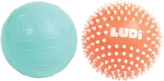 Ludi - 2 Soft Ribbed & Spiky Sensory Balls - Baby Activity Toy - from 6 Months - Develops Touch, Fine Motor Skills & Discovery - Diameter 13 cm - Orange & Blue