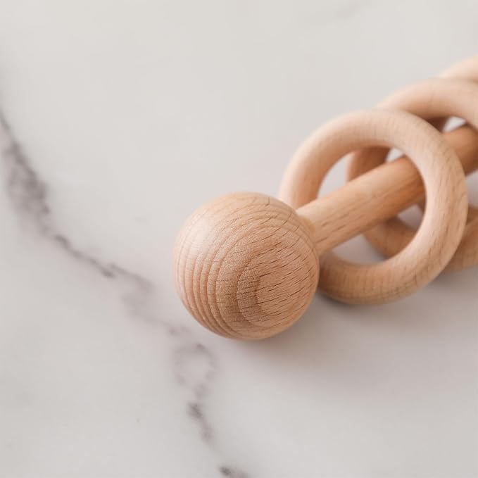Chriswell Wooden Baby Rattle, Newborn Wooden Rattle Toy, Natural Wooden Montessori Baby Grip 3 Ring Toy, Baby Gift Toy, Wood Rattle-1