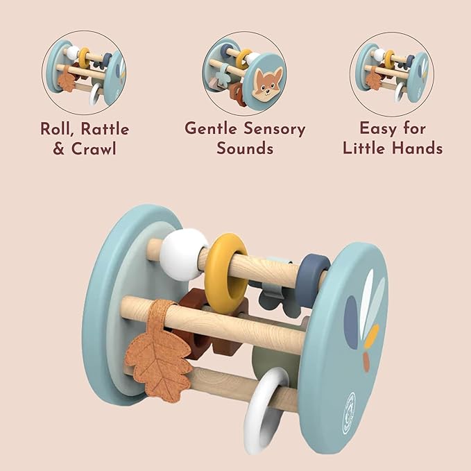 SPEEDY MONKEY Fox Roller Rattle Baby Toy | Wooden Animal Sensory Rolling Toy for Infants | Developmental Rattle for Crawling & Motor Skills | Early Learning Play for Babies & Newborns 6M+