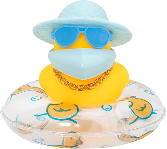 wonuu Car Duck Rubber Duck Car Ornaments Duck Car Dashboard Decorations with Cute Headband Swim Ring Necklace Sunglasses, A-Blue Hat-Blue Glasses
