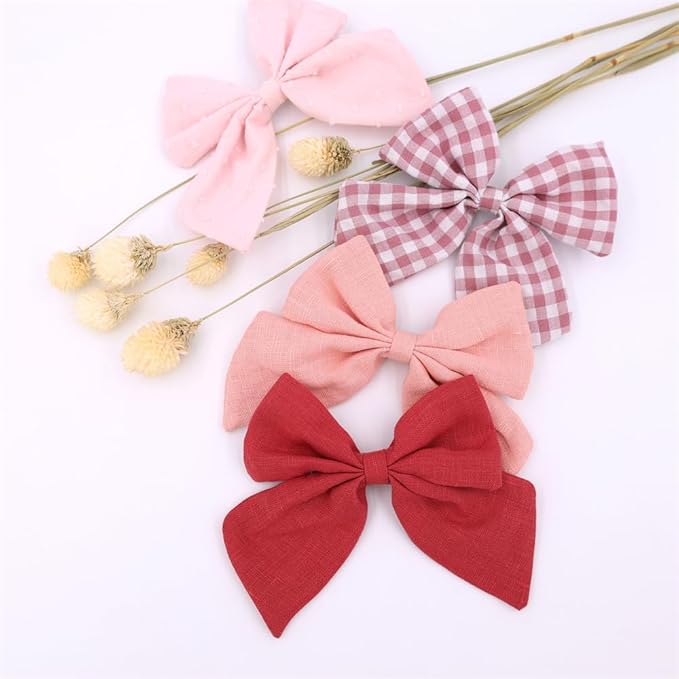 4 PCS Sailor Bow Hair Clips for Kids Girls Women Linen cotton Hair Bow Alligator Clips Baby Toddler Girl Mom Hair Accessories (Cinnabar/Pink)