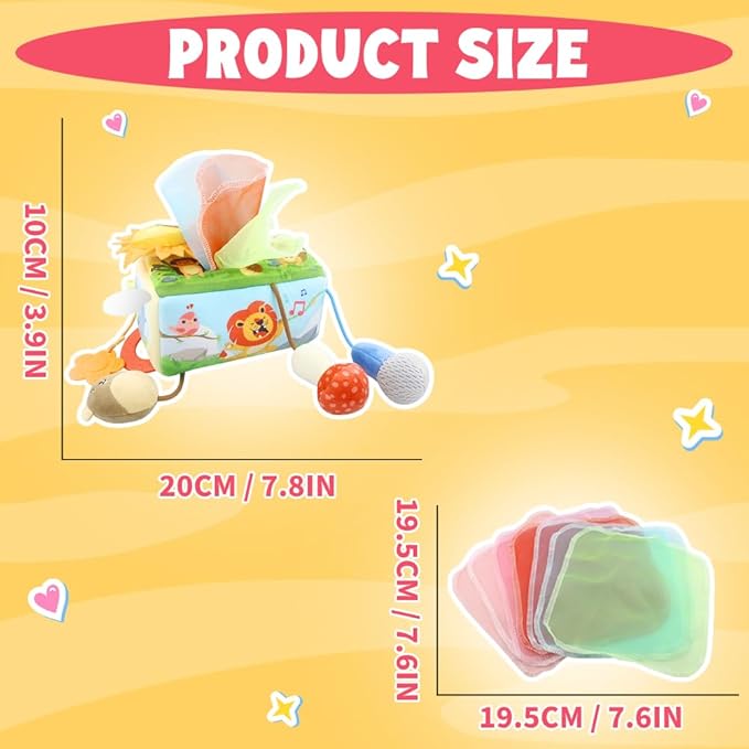 Caterbee Baby Sensory Tissue Box Toy with Hanging Hook – Pull Out Fabric Tissues, Rattle & Teether, Montessori Stroller & Car Seat Toy for Infants (Forest)