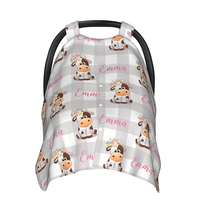 Personalized Farm Cow Floral Pink Baby Car Seat Canopy for Babies with Name, Custom Car Seat Covers for Girls, Peekaboo Opening Minky Nursing Breastfeeding Cover Infant Car Seat Canopies for Newborn