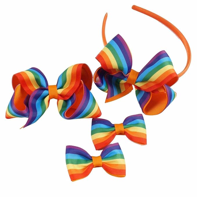 JIAHANG Baby Girls Grosgrain Ribbon 4 Inch Hair Bow Headband and Alligator Clips Set, Rainbow Color Hair Bow Accessories for Children Toddler School Girls 4Pcs Gift Set(Rainbow1)