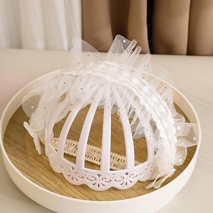 Baby Girls Headband Lacy Bow Pearl Wide Hair Band Turban for Infants Newborn Toddler Floral Ivory Elastic Head Wrap Breathable Sun Bonnet Hair Accessories (White C)