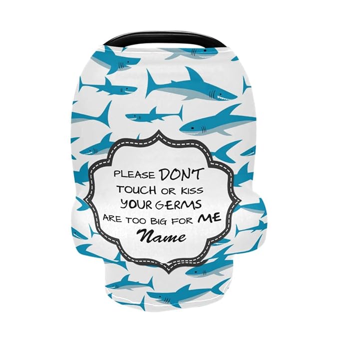 Personalized Shark Baby Boy Carseat Cover with Name, Customized No Touch Sign Stroller Car Seat Canopy, Multiuse Nursing Covers Breastfeeding Scarf, Shower Gift for Newborn Infant Babies