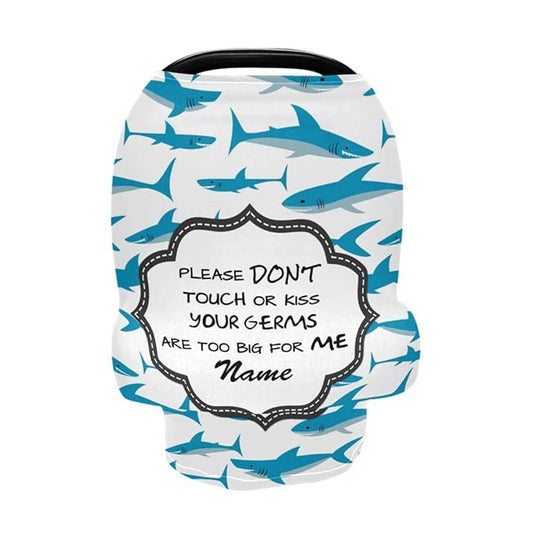 Personalized Shark Baby Boy Carseat Cover with Name, Customized No Touch Sign Stroller Car Seat Canopy, Multiuse Nursing Covers Breastfeeding Scarf, Shower Gift for Newborn Infant Babies