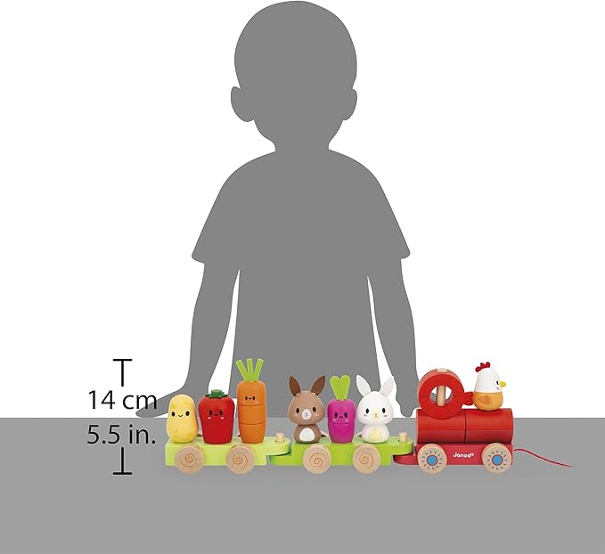 Janod - Wooden Pull-Along Train - Farm Theme - 3 Wagons and 19 Pieces - Early Learning Pull-Along Toy - Wood and Water-Based Paint - Develop Fine Motor Skills - from 12 Months, J03314