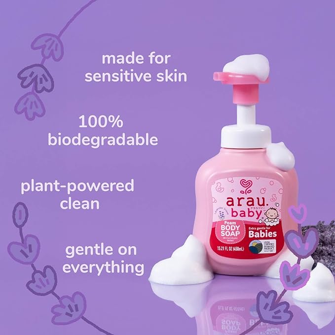 Arau Baby Foam Body Soap Lavender Scent, Natural Plant Based Baby Wash, No Artificial Fragrance or Additives, Gentle for Baby’s Sensitive Skin, Nourishing and Easy Rinse, 15.21 Fl Oz, 3 Pack