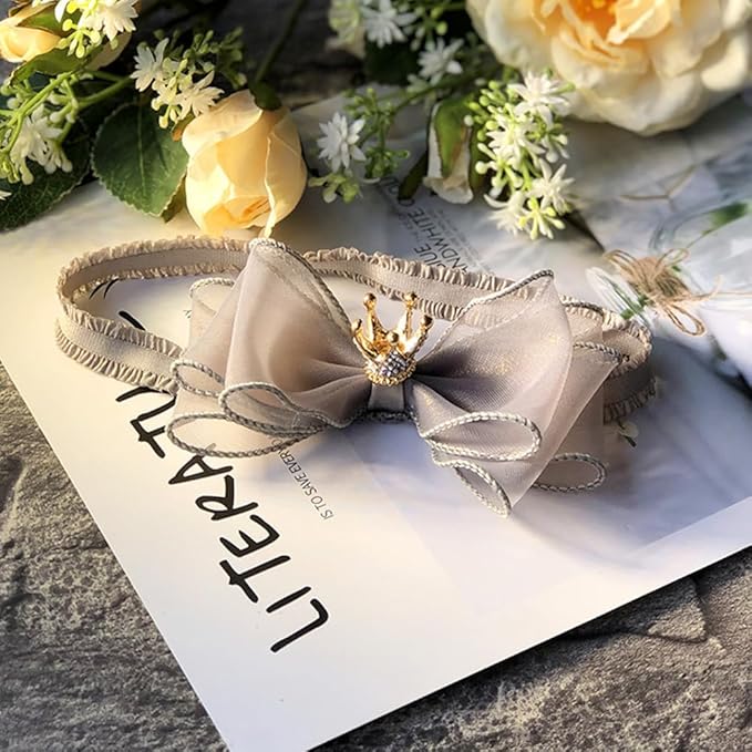 Cute Baby Girl Headband with Lace Bow and Crown Elastic Lace Bow Hair Band Newborn to Toddler Hair Accessory Shower Birthday Party Gift (Gray, Free)