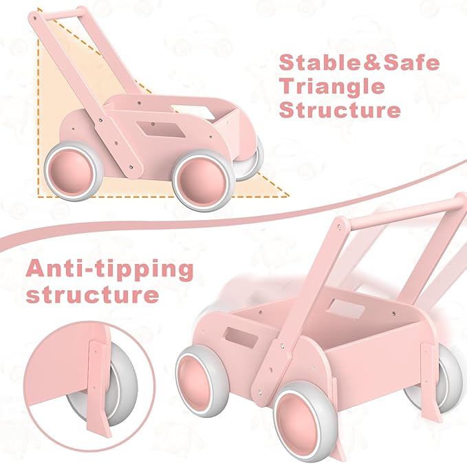 Wooden Baby Walker, Push and Pull Learning Walk Toys for Infants to Toddler, Walker with Wheels for Boys Girls, Gift for Birthday Christmas, Pink