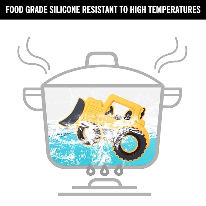 Car Series Baby Teething Toys,Food Grade Silicone Chew Teether for 3 Months+ Infant Boy and Girl,Toddler Sensory Chewing Teether,BPA Free. (Bulldozer, Orange-Yellow)