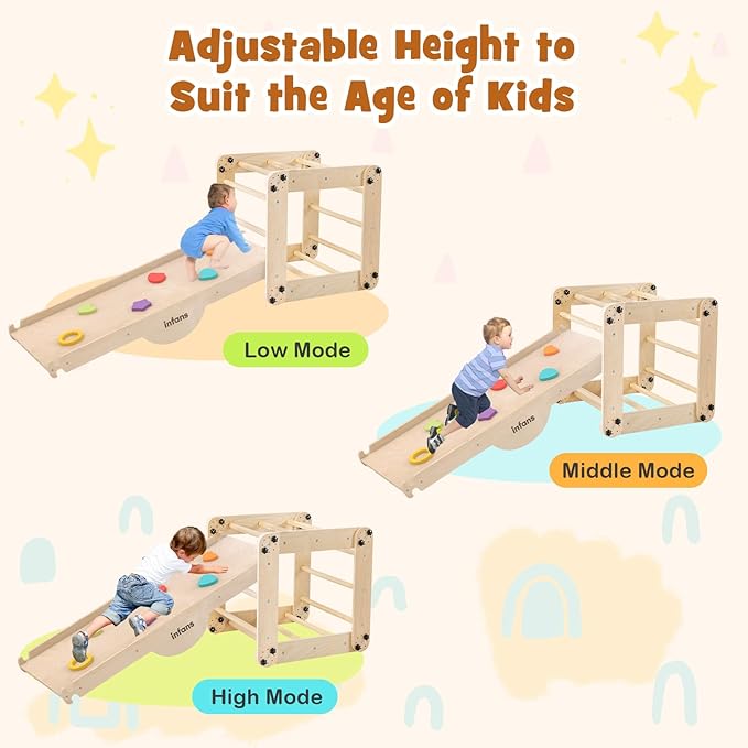 INFANS 12 in 1 Climbing Toys for Toddlers, Upgrade Wooden Montessori Foldable Triangle Climber Set with Reversible Ramp Slide Ladder Seesaw, Indoor Pikler Climb Activity Jungle for Kids Age 3+