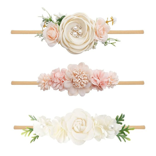 Baby Girl Headbands Nylon Flower Elastic Hairbands 3pcs Hair Accessories Gift for Newborn Infant Toddlers (YM2)