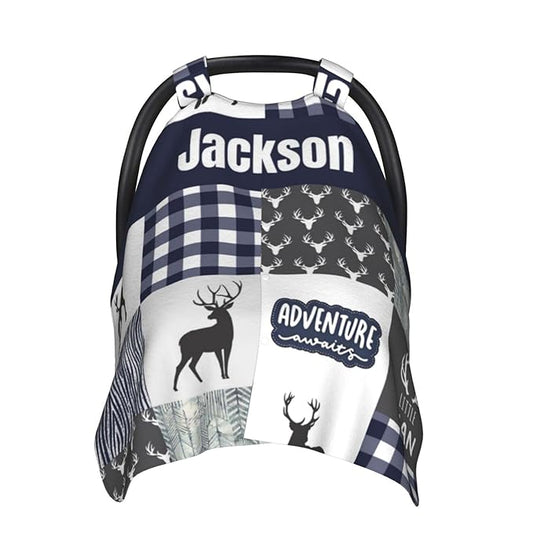 Personalized Baby Car Seat Canopy with Name, Custom Woodland Deer Baby Car Seats Covers for Baby Boy, Opening Minky Nursing Breastfeeding Cover for Infant, Carseat Canopies for Newborn