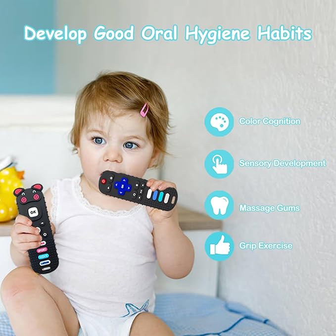 2-Pack Silicone Baby Teething Toys, TV Remote Teethers for 6-12-18 Months Infant, Fire Stick Remote Control Shape Baby Silicone Teethers, Chew Toys for Boys and Girls (New-F Black+R Purple)