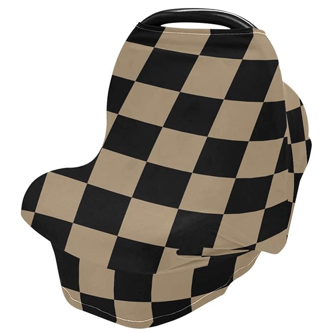 Retro Black Checkered Baby Car Seat Covers Geometric Square Plaid Carseat Canopy Soft Infant Stroller Cover Nursing Breastfeeding Covers for Girls Boys Newborn Fit Summer Spring Autumn