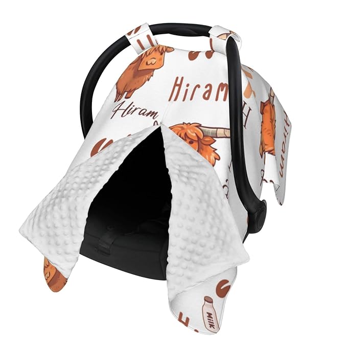 Customized Highland Cow Baby Car Seat Cover for Boys Girls, Personalized Peekaboo Opening Carseat Covers with Name, Custom Nursing Covers Breastfeeding Scarf for Infant Newborn