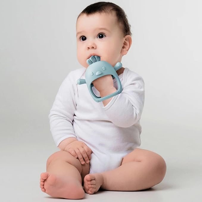 PandaEar 2 Pack Silicone Teething Toys | Baby Teether Mitten & Hand Pacifier for Soothing Teething Pain Relief (White/Blue)