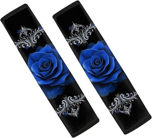 Biyejit Blue Rose Print 2Pcs Car Seat Belt Cover Shoulder Seatbelt Pads Cover, Safety Belt Strap Shoulder Pad for Adults and Children