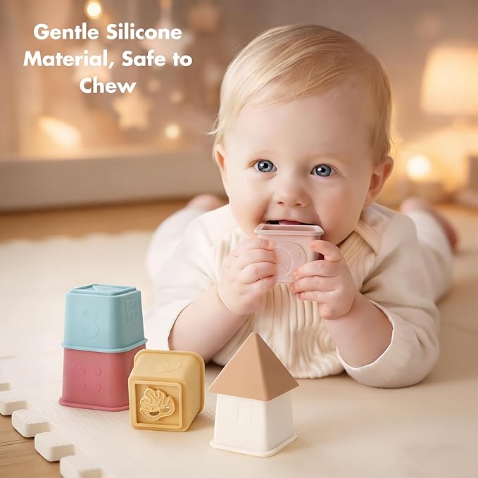 Baby Stacking Cups Toy, Silicone Stacking Tower Educational Baby Toys 6M+, Soft Teething Building Blocks 8 Pcs, BPA Free Sensory Infant Toy, Bath & Beach Toys, Vintage Neutral Colors-Vintage
